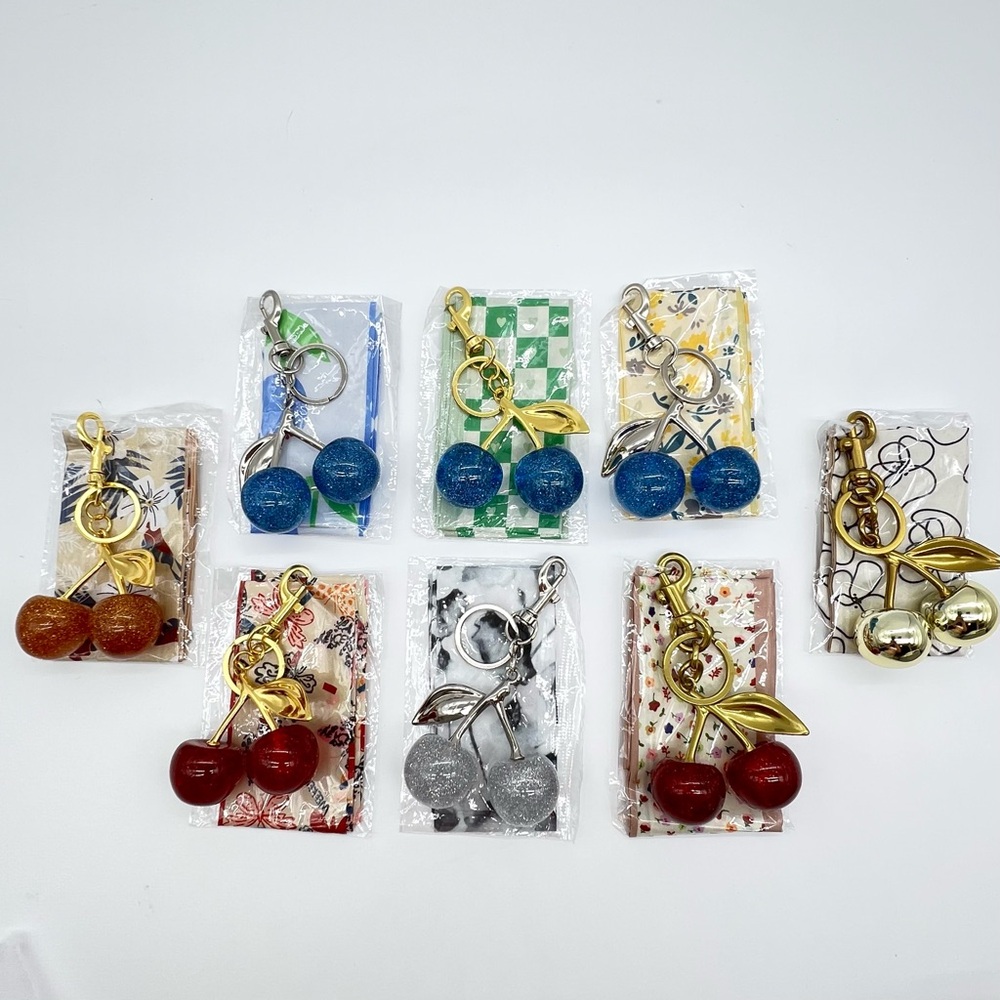 Set of 8 Multi-Color Cherry Bag Charms & Scarves New in Packaging